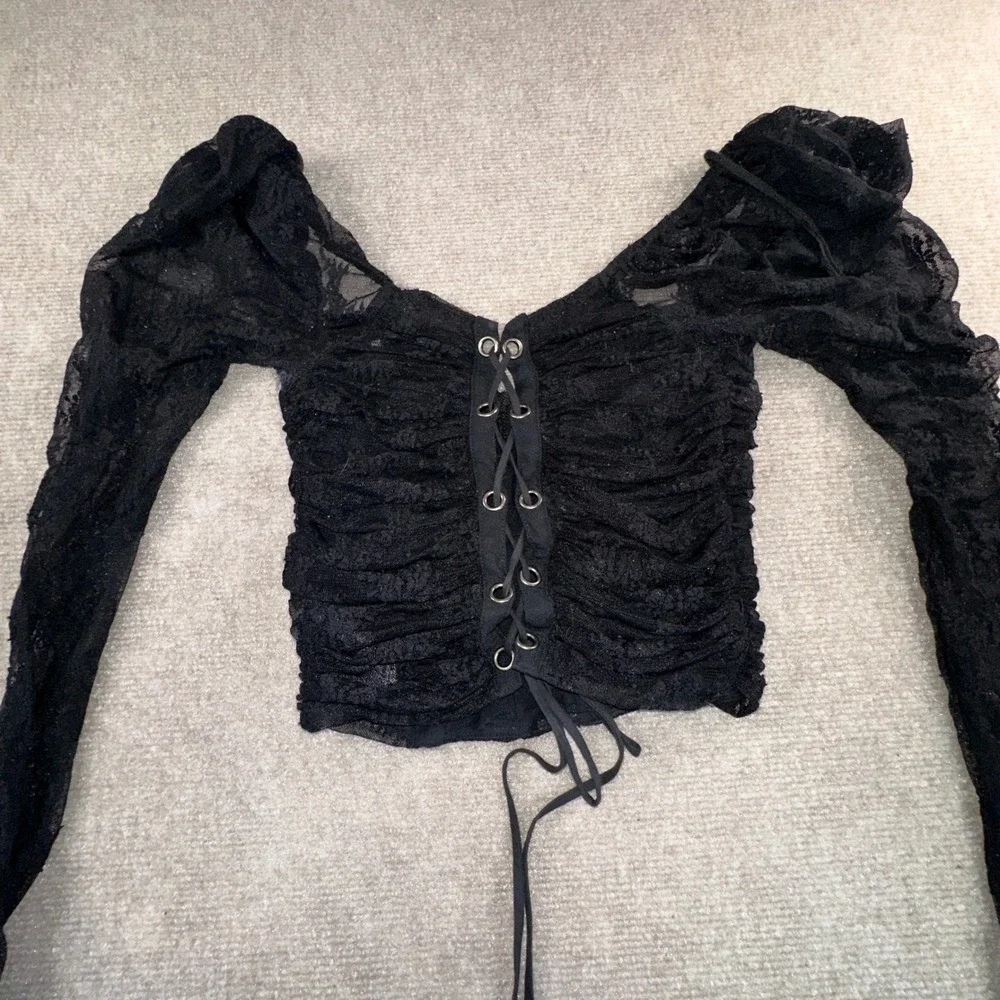 Free People Black Lace Ruched Corset Crop Top Long Sleeve Gothic Sweetheart S
